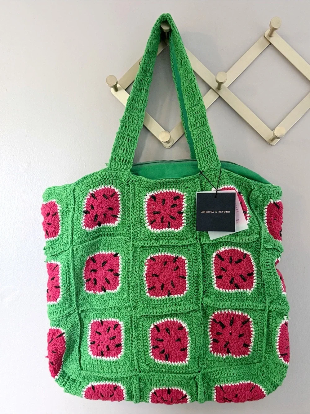 America & Beyond Watermelon Crochet Tote Bag Beaded Granny Square NWT